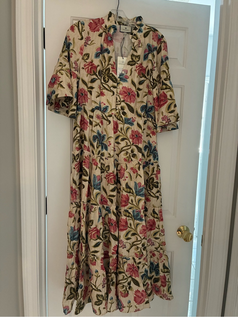Tuckernuck Cream Maxi Dress with Pink & Blue Floral Print. - Picture 2 of 3